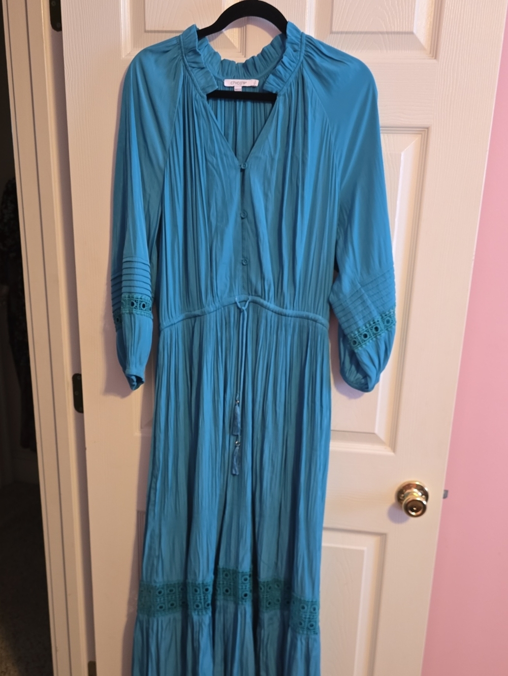 Chico's Turquoise‎ Button-Front Maxi Dress with Crochet Trim